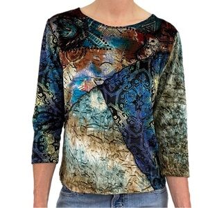Caia Crushed Velvet Patchwork Blouse Teal Brown M